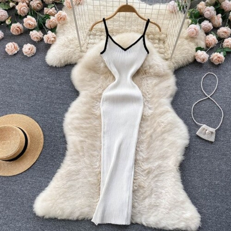 V Neck Knitted Hollow Sleeveless Dress For Women White One Size