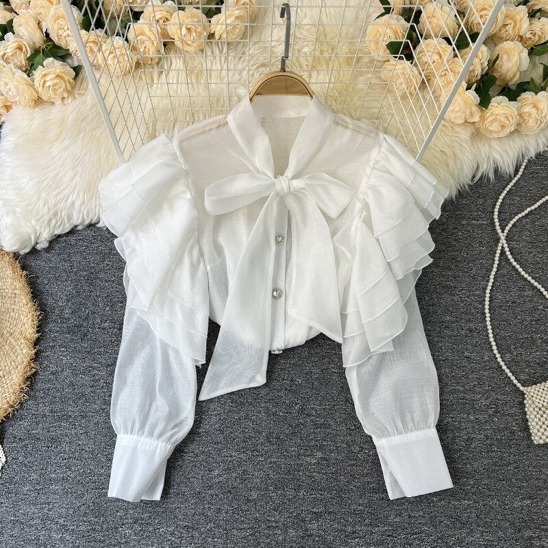 Retro Bow Collar Ruffles Blouses Shirt For Women White One Size