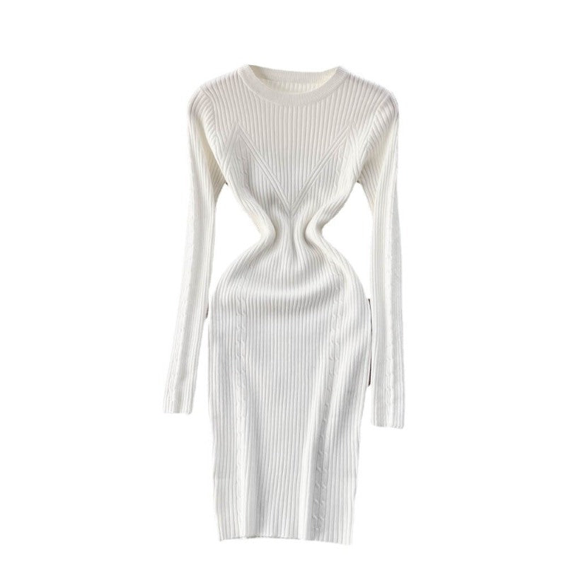 Elegant Winter O-Neck Knit Sweater Dress For Women White One Size