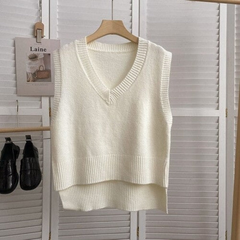 Loose Knitted V-Neck Sweater Vest For Women White One Size