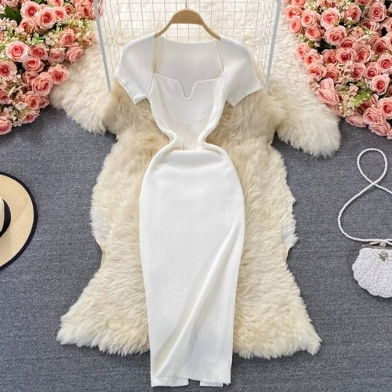 Knitted Square Neck Slit Slim Dress White One Size