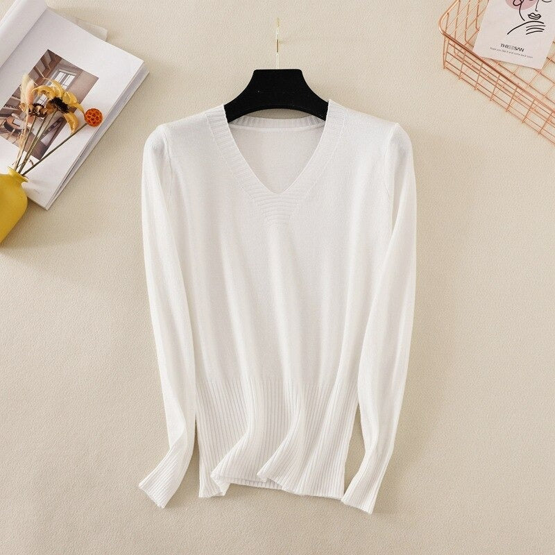 Slim Knitted Long Sleeve Sweater Jumper For Women White One Size