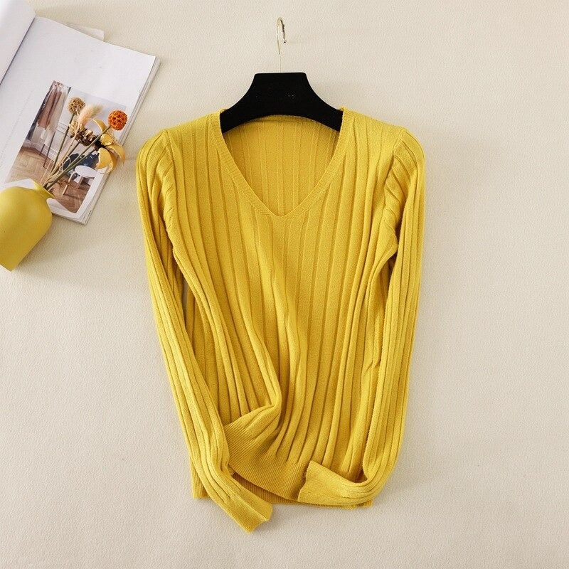 Basic V-Neck Solid Bodycon Knitted Sweater For Women Yellow One Size