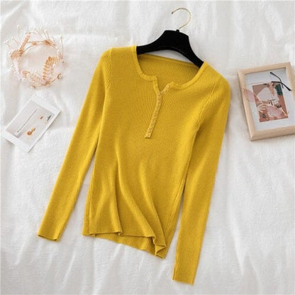 V-Neck Knitted Thin Long Sleeves Pullover For Women Yellow One Size