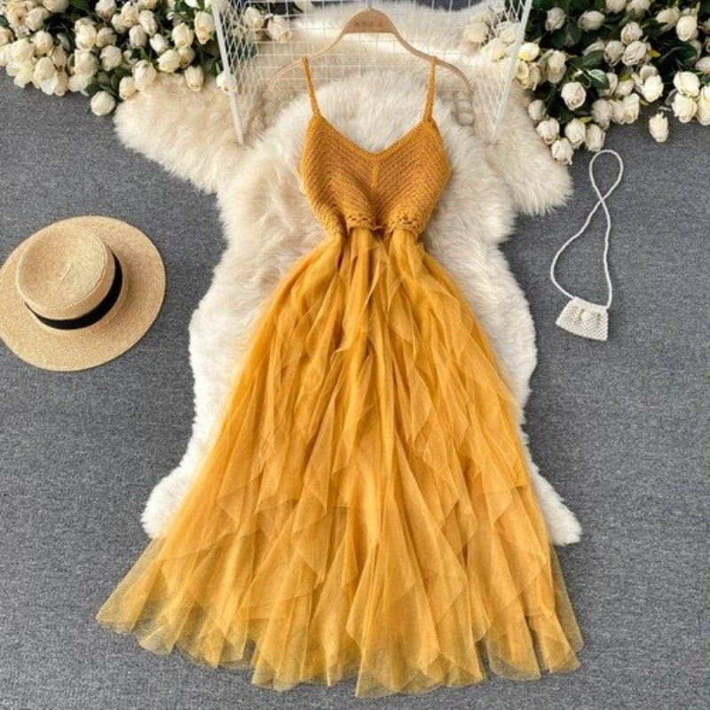 Irregular Net Gauze Fluffy Dress For Women Yellow