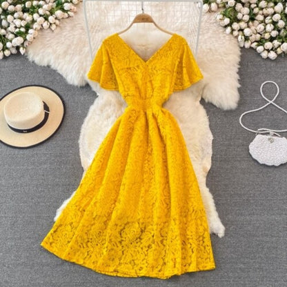 Elegant V-neck Cross Party Shorts Sleeve Dress For Women Yellow One Size