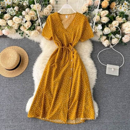 Korean V-neck Polka Dot Shorts Sleeve Dress For Women Yellow One Size