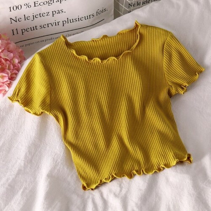 Korean Slim Curl Short Stripe T-Shirts For Women Yellow One Size