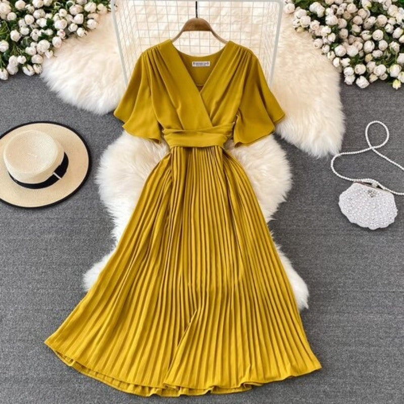 Elegant Solid Color V-neck Short Sleeve Dress For Women Yellow