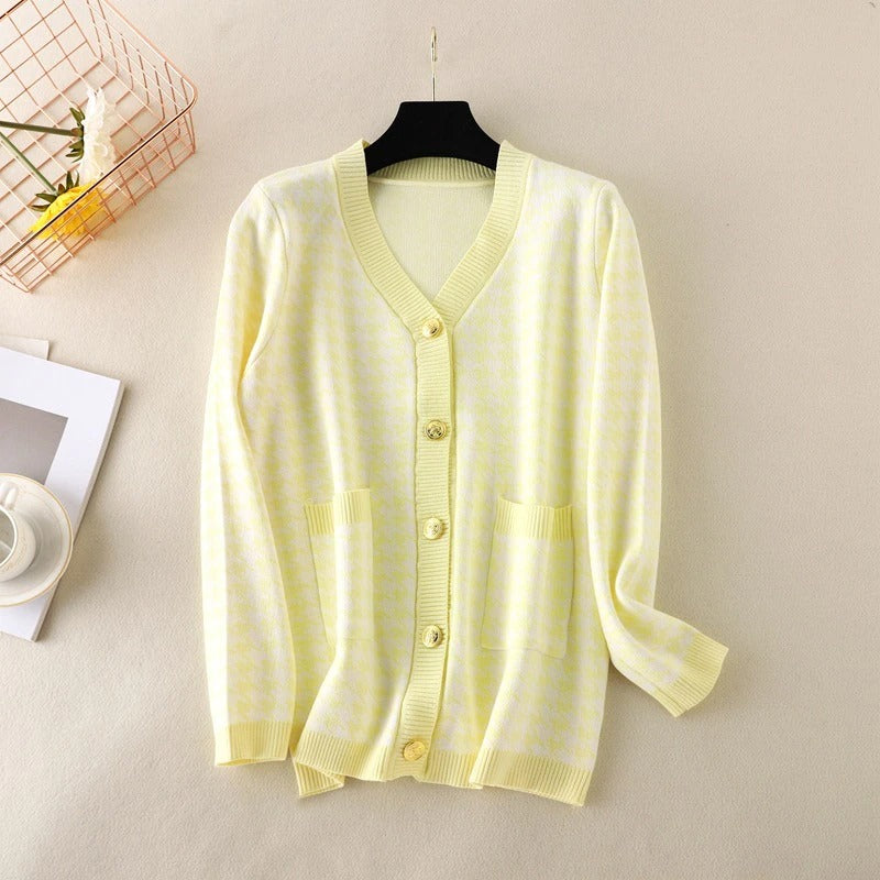 Elegant Houndstooth Knit Oversized Cardigan For Women Yellow One Size