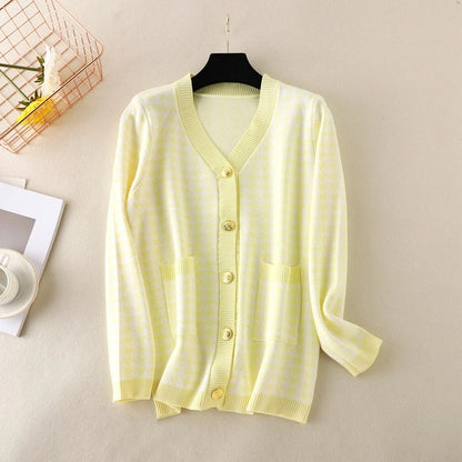 Elegant Houndstooth Knit Oversized Cardigan For Women Yellow One Size