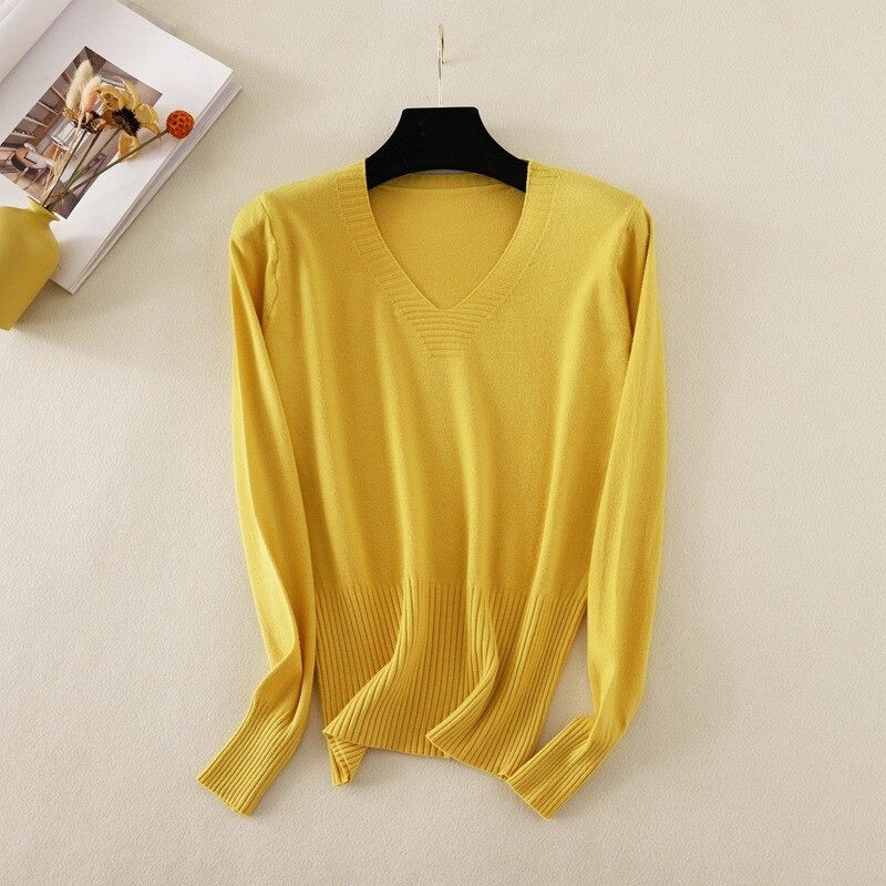 Slim Knitted Long Sleeve Sweater Jumper For Women Yellow One Size