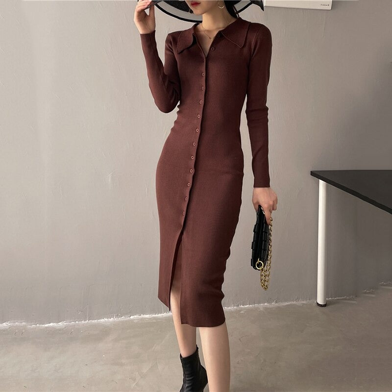 Button Down A-Line Retro Knitted Sweater Dress Brown