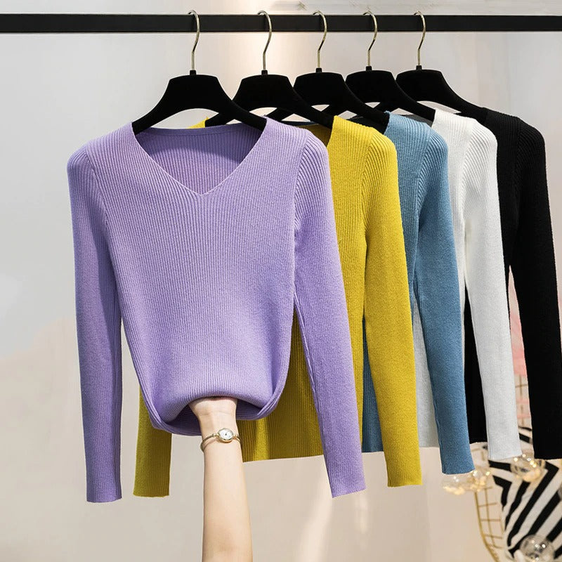 V-Neck Knitted Long-Sleeved Slim Tight Pullover For Women