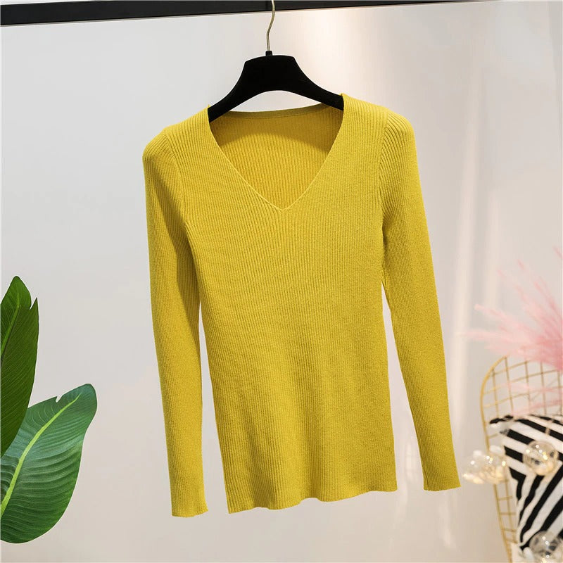 V-Neck Knitted Long-Sleeved Slim Tight Pullover For Women Yellow One Size