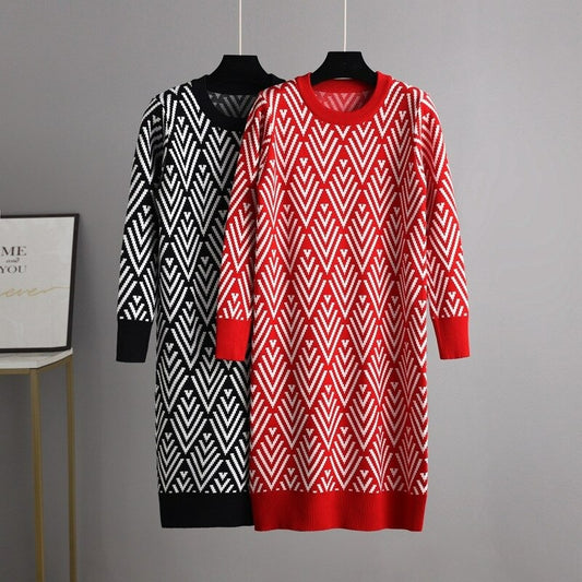 Multicolor Printed O Neck Knit Sweater Dress For Women