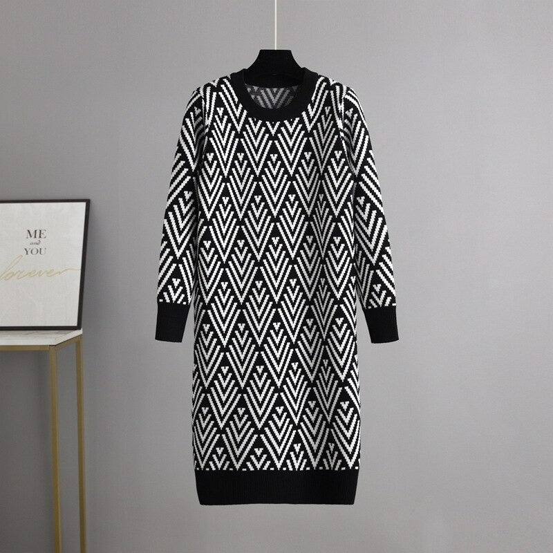 Multicolor Printed O Neck Knit Sweater Dress For Women Black