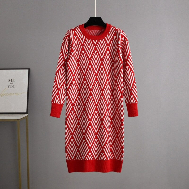 Multicolor Printed O Neck Knit Sweater Dress For Women Red