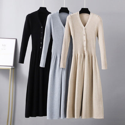 V-Neck Long Knit Maxi Sweater Dress For Women