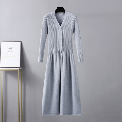 V-Neck Long Knit Maxi Sweater Dress For Women Gray One Size