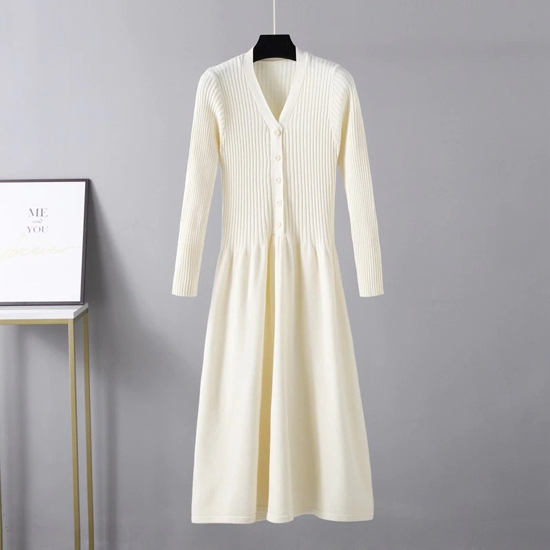 V-Neck Long Knit Maxi Sweater Dress For Women Off-White One Size