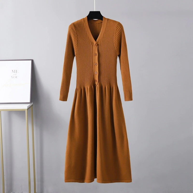 V-Neck Long Knit Maxi Sweater Dress For Women Brown One Size