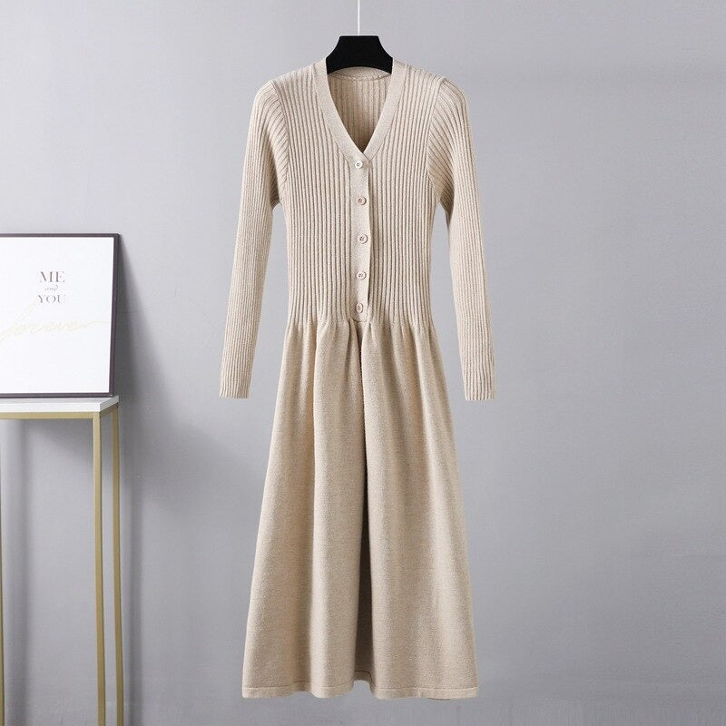 V-Neck Long Knit Maxi Sweater Dress For Women Khaki One Size