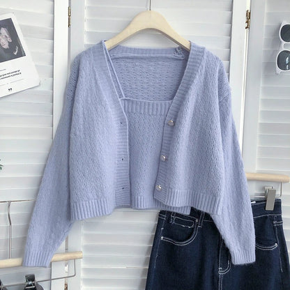 Long-Sleeved Knitted Cardigan With One-Piece Blue One Size