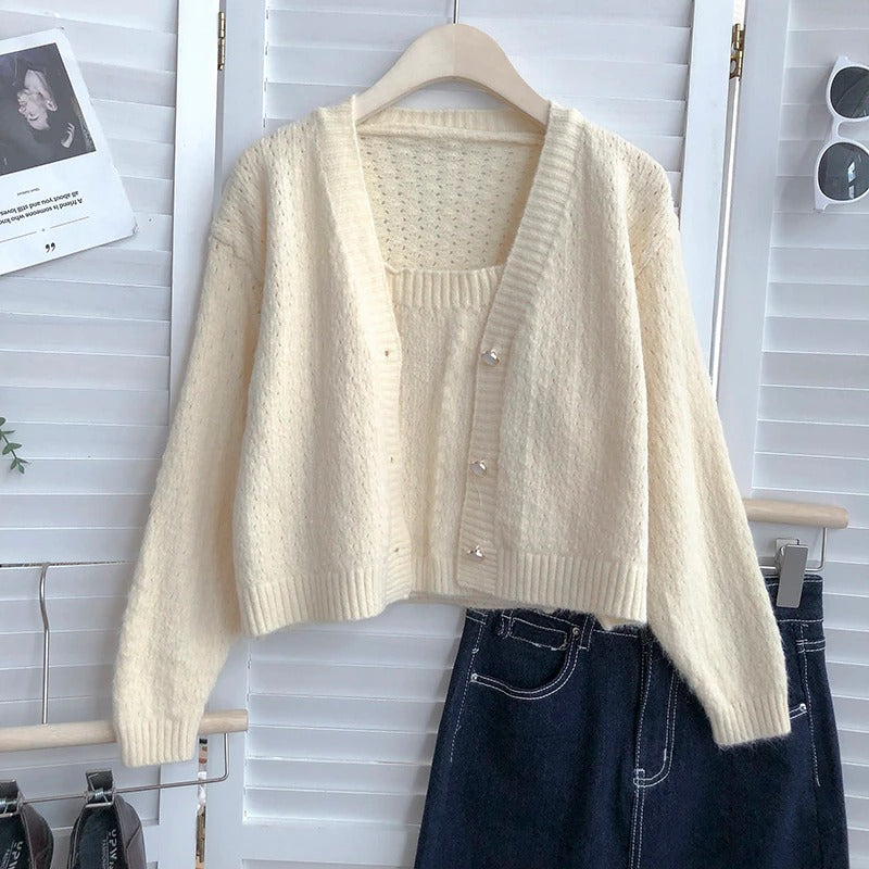 Long-Sleeved Knitted Cardigan With One-Piece Beige One Size