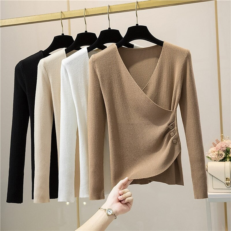 V-Neck Elegant Button Long-Sleeved Pullover For Women