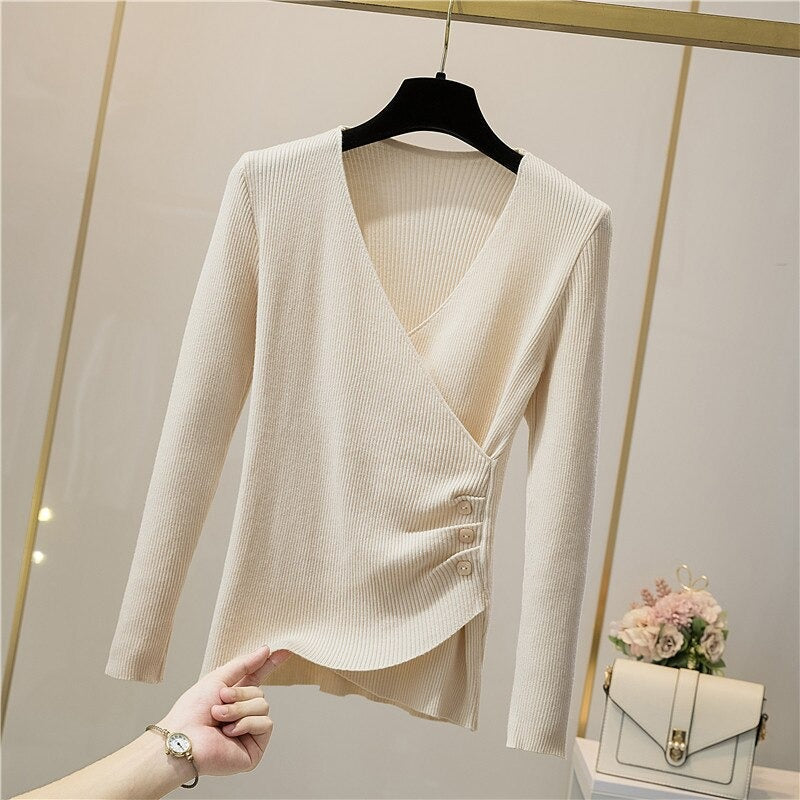 V-Neck Elegant Button Long-Sleeved Pullover For Women Beige One Size