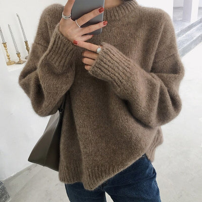 O-Neck Thick Knitted Loose Pullover For Women Brown One Size