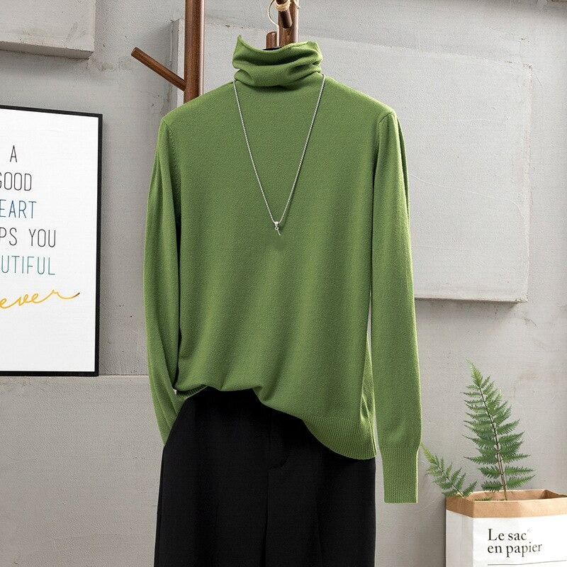 Soft Cashmere Turtleneck Slim-Fit Pullovers For Women Green One Size