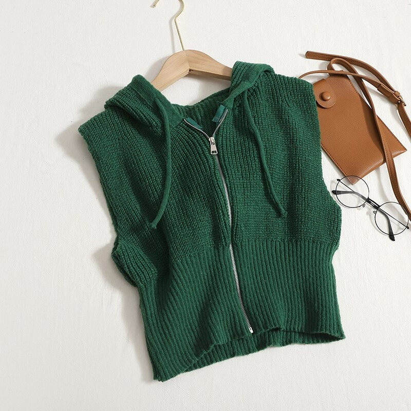 Loose Knitted Hooded Zipper Sweater Vest For Women Green One Size