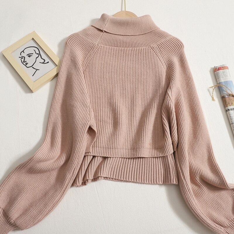 Turtleneck Long-Sleeved Knitted Smock With Vest Sweaters