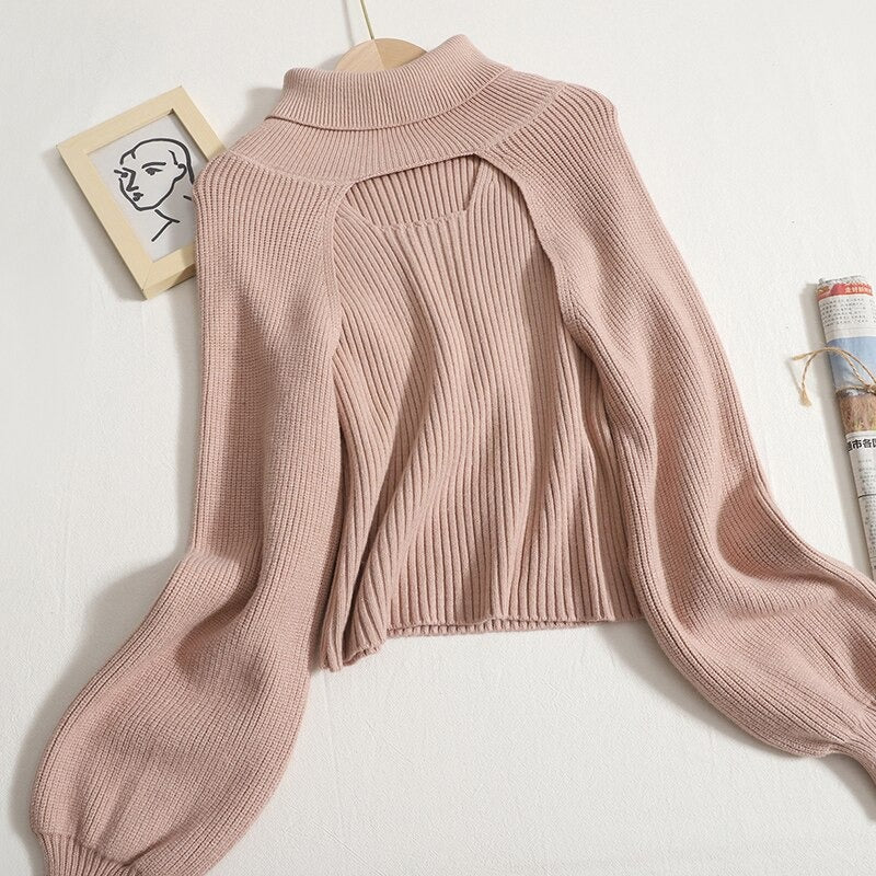 Turtleneck Long-Sleeved Knitted Smock With Vest Sweaters Pink One Size