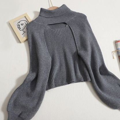 Turtleneck Long-Sleeved Knitted Smock With Vest Sweaters Gray One Size