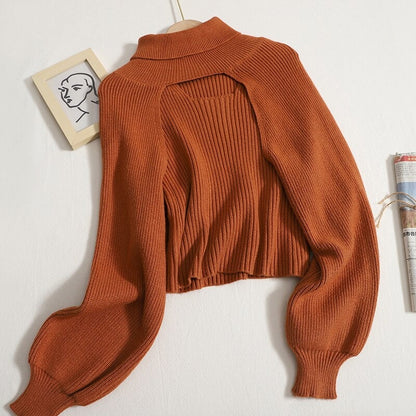 Turtleneck Long-Sleeved Knitted Smock With Vest Sweaters Orange One Size