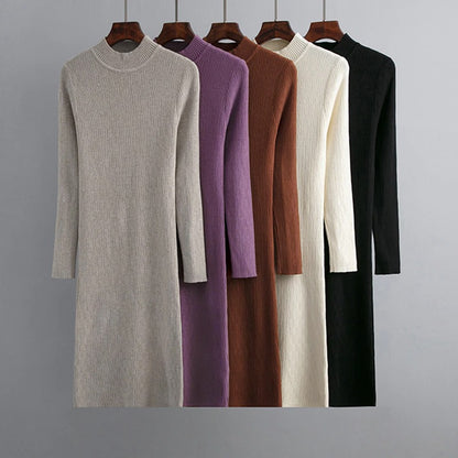 Knee-Length Ribbed Casual Sweater Dress For Women