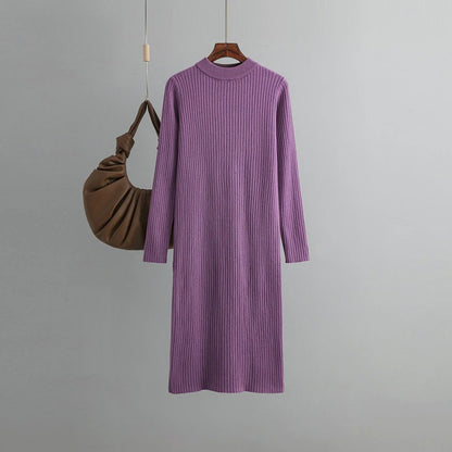 Basic O-Neck Loose Sweater Dress For Women Purple One Size