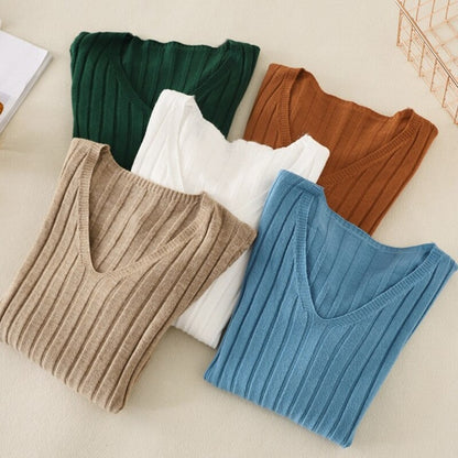 Basic V-Neck Solid Bodycon Knitted Sweater For Women