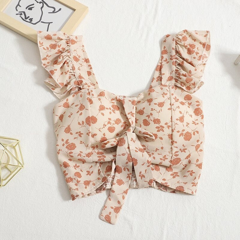 Bohemian Bow Tie Lace-up Print Camisole Tops For Women Beige Print One Size