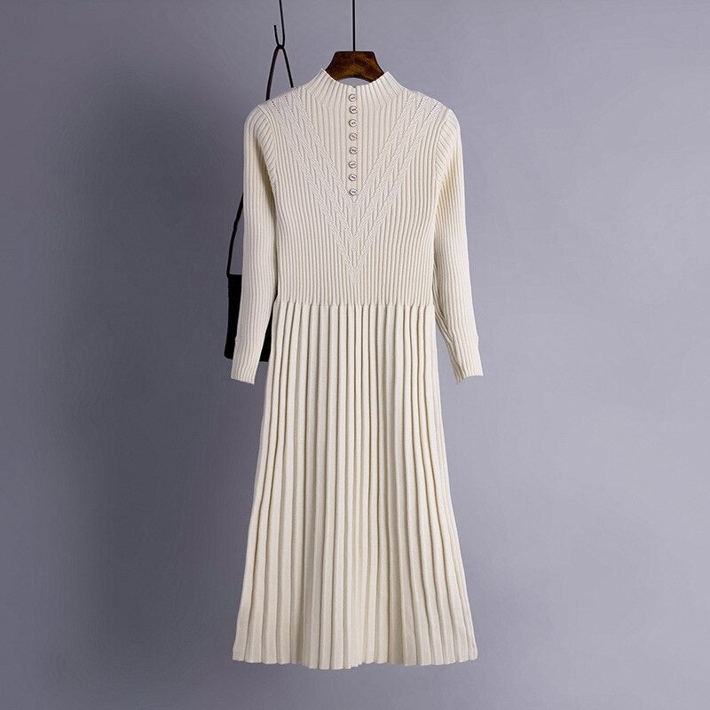 Thickened Straight Woolen Long Knitted Sweater Dress One Size Beige