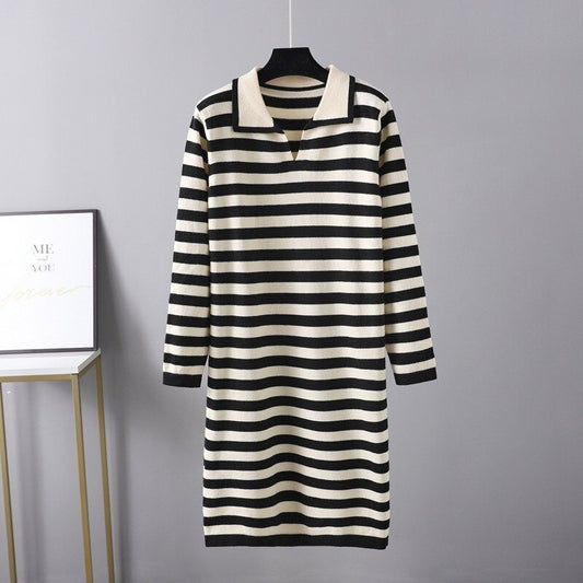 Women's V-Neck Loose Striped Knitted Sweater Dress One Size Black