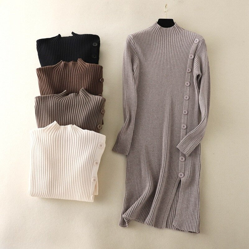 Mock Neck Side Slit Knitted Sweater Dress