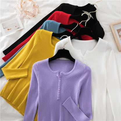 V-Neck Knitted Thin Long Sleeves Pullover For Women