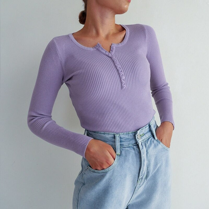 V-Neck Knitted Thin Long Sleeves Pullover For Women