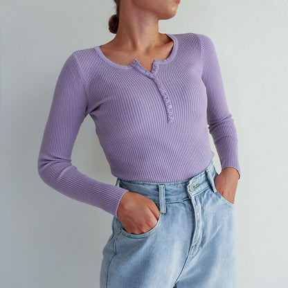 V-Neck Knitted Thin Long Sleeves Pullover For Women