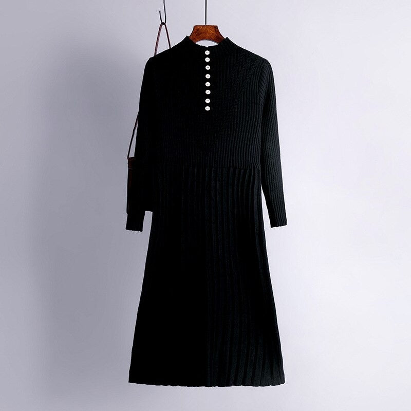 Thickened Straight Woolen Long Knitted Sweater Dress One Size Black