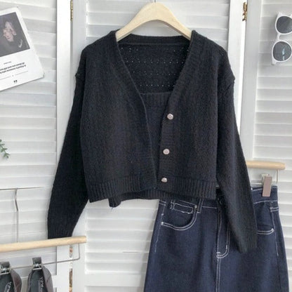 Long-Sleeved Knitted Cardigan With One-Piece Black One Size